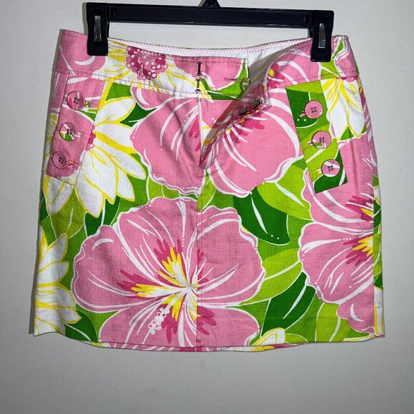 Lilly Pulitzer Dresses & Skirts - Women's Lilly Pulitzer Pink and Green Hibiscus Skirt - 100% Cotton - size 2